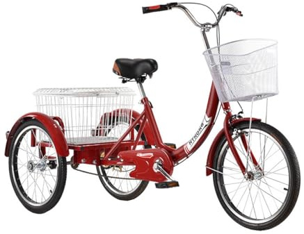 trehjuling, 20 tums trehjuling Vuxen cykel 3 hjul kryssning Trike, lastbil med korg, vuxen högkolstål varukorg Lämplig for äldre (röd, aluminiumfälg)