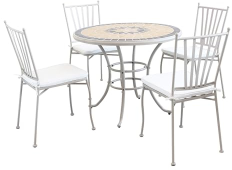 milani home Set Tavolo Giardino Rotondo Fisso con Piano in Mosaico Diametro 90 con 4 Sedie in Ferro Tortora per Esterno