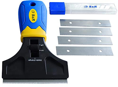 S&R Raschietto per Vetro Piastrelle Piano a Induzione Vetrocemica. Con 5 Lame di Ricambio in Regalo. Spatola larga 90mm