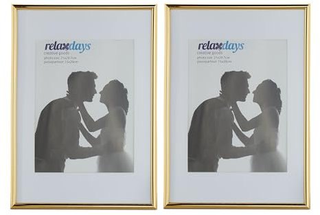 Relaxdays Bilderrahmen 2er Set, Din A4, Passepartout 30.5 x 22 cm, Glasscheibe, Fotorahmen zum Stellen oder Hinhängen, Gold, 60% Kunststoff 40% Glas