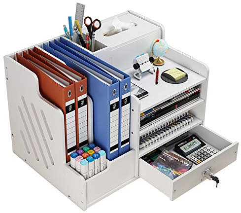 NUODWELL Weißer Schreibtisch-Organizer mit großer Kapazität, Briefablage Ablagefächer mit Schublade, Schreibtisch-Ablage zur ordentlichen Aufbewahrung von A4-Papier, Stiften, Büchern, Dokumenten