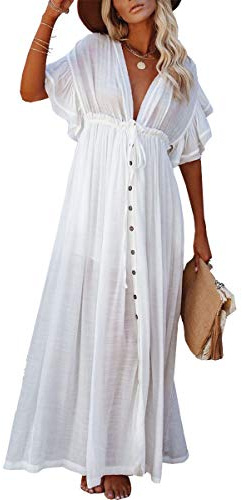 LeofL Lång V-ringad kaftan, strand, maxiklänning, morgonrock, nattlinne eller överdragsklänning till baddräkt, C vit, En storlek