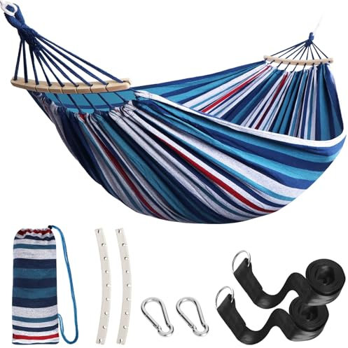 ANYOO Baumwolle Stoff Hängematte mit Abnehmbaren Holzstange, Bequem Outdoor Stabhängematte mit Gürtelzubehör für Innen/Draussen Balkon Terrasse Garten Park Camping Strand
