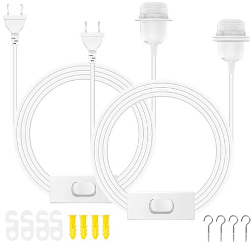 PLCatis Douille E27 avec interrupteur et fiche, douille étanche E27 en 2 parties avec 6 m de câble, interrupteur à anneau vissant, suspension de câble pour lampes suspendues, Blanc