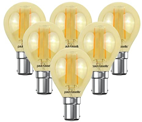 paul russells LED Filament Golf Ball Light Small Bayonet Cap B15D, 20W Equivalent G45 Bulbs, 2.5W 200LM LED 2200K Amber Lamps, Home Ceiling Chandelier Energy Saving Lightbulbs, Pack of 6