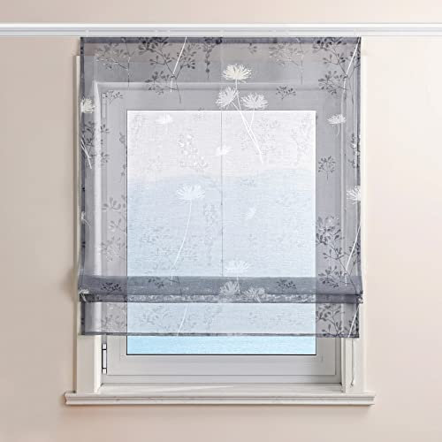 ESLIR Raffrollo mit Klettband Gardinen Küche Voile Raffgardinen Transparent Bändchenrollo Landhaus Vorhänge Wohnzimmer Grau BxH 140x140cm 1 Stück