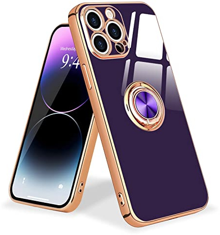 Urarssa Magnetic for iPhone 14 Pro Case with Holder Kickstand, Dark purple | 360 Degree with Rotation Magnet Car Mount Holder Slim Soft Silicone TPU Bumper Electroplated Edge Shockproof Phone Cover