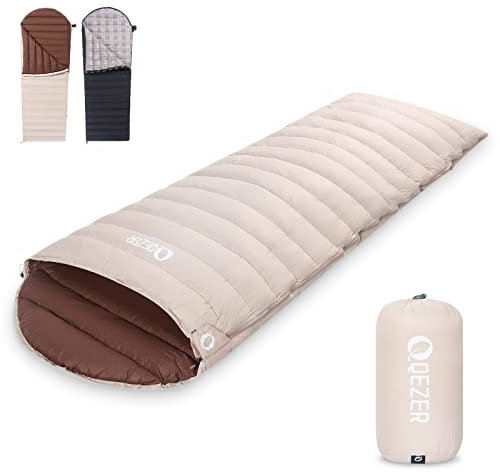 QEZER Daunenschlafsack Ultraleicht Deckenschlafsack kleines Packmaß für Camping und Trekking 3~4 Jahreszeiten Outdoor oder Indoor (Beige 12°C)