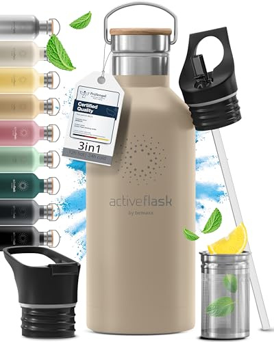 ACTIVE FLASK Water Bottle Stainless Steel + Straw (3 Lids): 1L 700ml 500ml