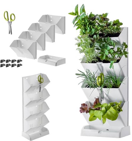 KADAX Vertikaler Garten, Pflanzturm aus robustem Kunststoff, Säulentopf mit Untersatz in 2 Farbvarianten, Kräutergarten für Balkon, Terrasse, Küche und Garten (Weiß)