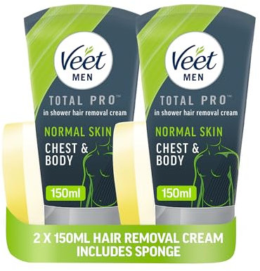 Veet Men In-Shower Hair Removal Cream, Chest & Body, Normal Skin, 300ml Pack (2x150ml) - Softer Regrowth, Dermatologically Tested, Convenient Alternative to Electric Shaver