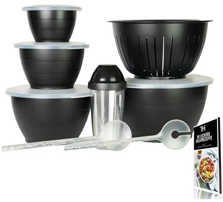 Thiru Salatschüsseln Spar-Set 8-teilig - Rührschüssel Set - 8 Teilig 0,6L/1,3L/2,5L/4,4L/6,5L - mit Deckel, Seiher, Salatbesteck - Mikrowellengeeignet - BPA-frei - inkl. E-Book mit 50 Rezepten