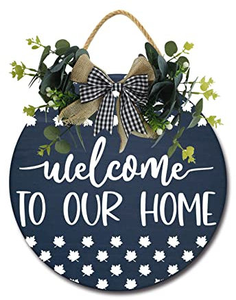 Welcome To Our Home Haustürschild, lustige Kränze zum Aufhängen, Holzschild, Dekoration, rund, rustikal, Holz, Bauernhaus, Veranda, Dekoration für Zuhause, Haustür, 28,9 x 27,9 cm