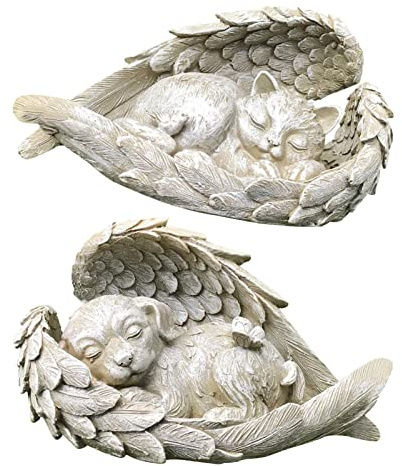 Linsition Engel Hund Katze Dekoration 2 STK Katze Hund Engel Haustier Denkmal Grab Marker Tribut Statue, Deko Haustier Gedenken Tier Garten Statue, Polyresin, Gedenkstein Katze/Hund