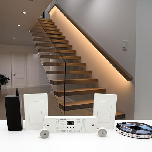 KOMIGAN Motion Sensor with Daylight Sensor LED Stair Light Kit KMG-45, 16.4FT Warm White 3000K Cuttable LED Strip Light for Indoor Handrail Stair Lights