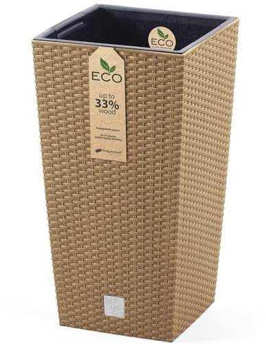 Annastore Pflanztopf aus Kunststoff wetterfest H 45 cm inkl. Innentopf mit 33% echtem Holzanteil Pflanzkübel Blumenübertopf wetterfest für Innen und Außen Größe Ø 24 cm/H 45 cm, Farbe eco-Natur
