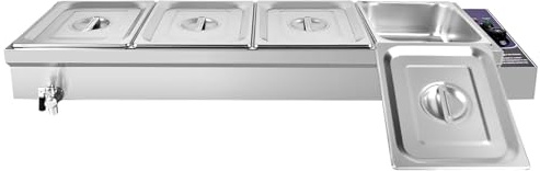 TAIMIKO Bain Marie Electric Food Warmer 1800W Commercial Stainless Steel Buffet Wet Well Sauce Drain Tap Gastronorm Container Catering Restaurants 30-85°C Temperature Control (4x 1/2GN Pan)