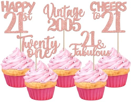 SYKYCTCY 30 Pack Happy 21st Birthday Cupcake Toppers Glitter Twenty One Vintage 2005 Cupcake Picks 21 Fabulous Cheers to 21 Years Cake Decorations for 21st Birthday Anniversary Party Supplies Rosegold