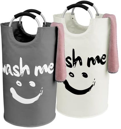 IHOMAGIC 2Piece Collapsible Laundry Hamper 95L, Fabric Laundry Basket Cloth Basket Bin with Alloy Carry Handles, Bottle Collector Organiser Bag, Toys Basket 15.4x15.4x31.1in (Dark Grey/Beige)