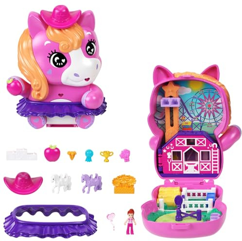 Polly Pocket Puppen und Spielset, Pony-Rodeo-Schatulle, Spielzeug für unterwegs mit 1 kleinen Puppe, Pferdchen, Zubehör für Mode und Essen, JCR39