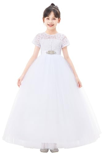 ekidsbridal White Floral Lace Tulle Flower Girl Dresses with Sleeves for Bridesmaid LG2R3 8