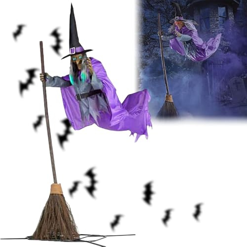 Halloween Hexe Dekoration | 180 cm Halloween Animatronic Flying Witch | Fliegende Witches als Halloween Dekoration Auf Einem Besen mit Gruseligem Sound und Lichtern für Halloween (Purple)