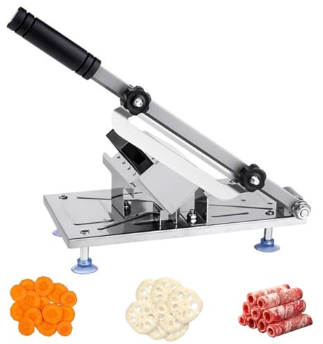 Frozen Meat Slicer Manual Stainless Steel Adjustable Non-slip Base Anti-rust Washable Ergonomic Foam Handle Detachable Heavy Duty Food Grade Cutter Slicing Machine for BBQ Cooking, Meat Slicer