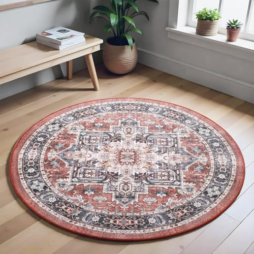 Carvapet Tvättbar rund matta 120 cm/4 fot halkfri tunn cirkel matta röd matta vintage medaljong cirkulärt område runda mattor för sovrum vardagsrum hall