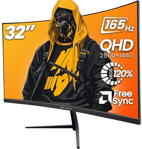 CRUA 32 Curved Gaming Monitor, 2K QHD 2560x1440P, 144Hz/165Hz Computer Monitors, 120% sRGB, FreeSync, Low Blue Light, 1800R VA Screen, HDMI 1.4/DP 1.2, Wall Mountable - Black