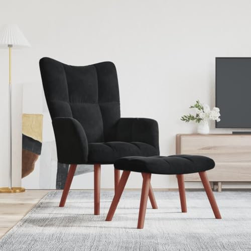 Myheimly Relaxsessel mit Hocker,Sessel mit Stahlrahmen Holzbeinen,Relaxstuhl Polsterstuhl mit Armlehne,Fernsehsessel Polstersessel Wohnzimmer,Modern Samt Sessel Schwarz,Mit Fußablage
