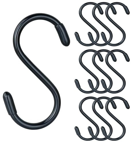 Large S Hooks(3 in, 6 in) for Hanging Heavy Duty, Sturdy Non Slip Vinyl Coated S Hooks 10 Pack for Hanging Cups, Towels, Jeans, Plants, Pots, Mugs, Pans, Feeders, Garden Tools(Black)(Black,10_3IN)