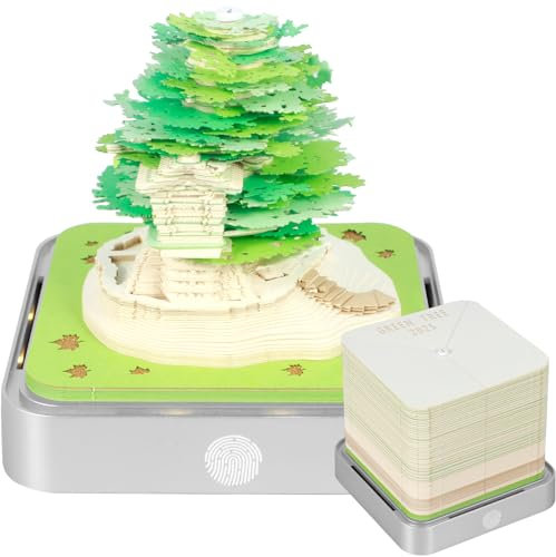 3D Kalender 2025 mit LED Licht Abreißen 3D Notizblock Papierkalender 9.8 × 9.8 × 8.5cm Kalender Abreißen Geschenk für Weihnachten Thanksgiving Jubiläum Valentinstag (Grün)