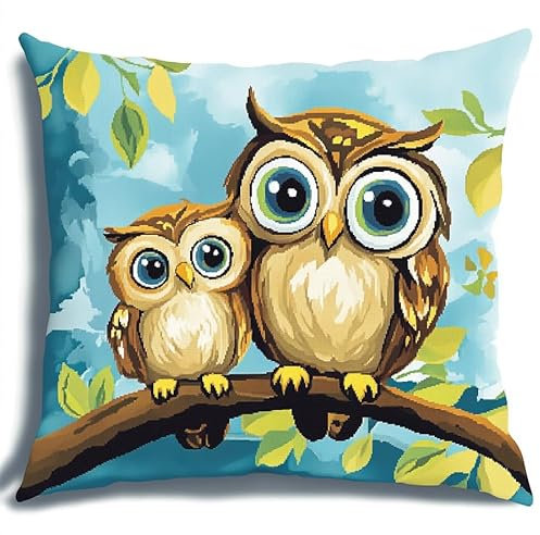 WallustrioaW Cartoon-Tiere Kreuzstichkissen,Eule auf Ast,Kreuzstickpackung vorgedruckt Sticksets Für Erwachsene,Anfänger,45x45cm Kreuzstichkissen/Stickkissen-Set