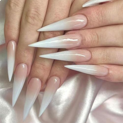 GlamRays Langer Stiletto Press on Nails Extra Lang Falsche Nägel Französische Spitze Klebernagel Farbverlauf Akrylnägel Pink Bis Weiß Press Ons Punkt 24 Stück