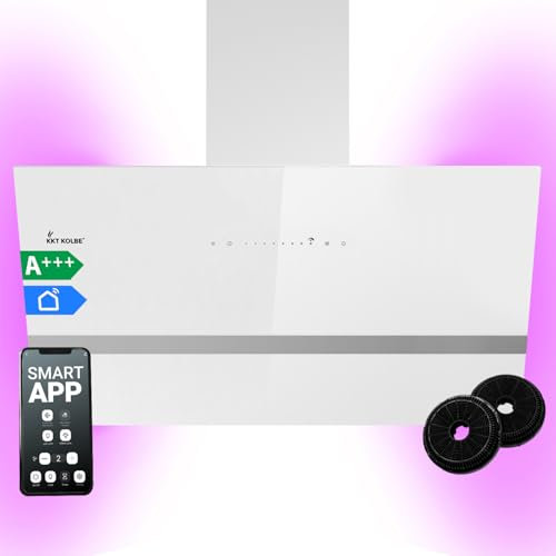 KKT KOLBE Cappa aspirante 90 cm | Cappa Cucina Inclinata | acciaio inossidabile | vetro bianco | WiFi | auto spegnimento | Illuminazione LED RGBW | Operazione di tocco | EASY9005WM