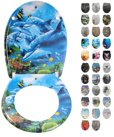 Toilettendeckel mit Absenkautomatik, WC Sitz mit Absenkautomatik Oval Form klodeckel Einfache Reinigung, Abnehmbarer WC-Sitz, 150kg belastbar, einfache Montage – Motiv: Blauer Delfin
