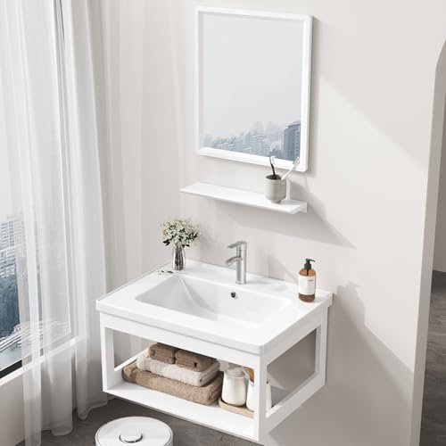 XDCXYD Lavabo da Appoggio in Ceramica Integrato da Parete per Bagno, Piccolo Appartamento, Casa(White(Square Mirror),43 * 35cm)