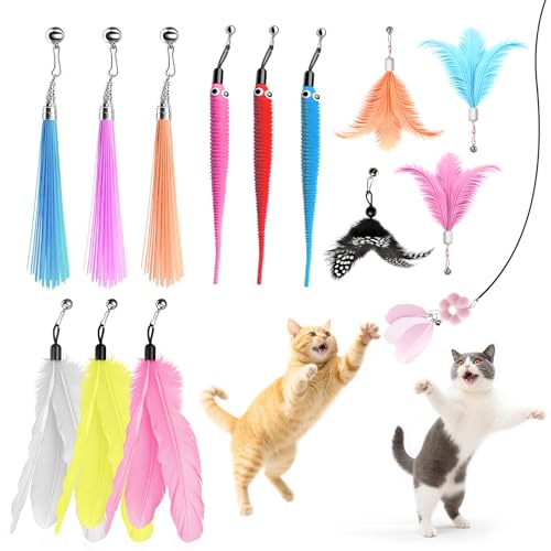 KDULPG 14PCS Cat Feather Toy Refills + 10 Chew-Resistant Cords – Cat Wand Toys for Indoor Cats Adult & Kittens – Interactive Kitten Toys Set