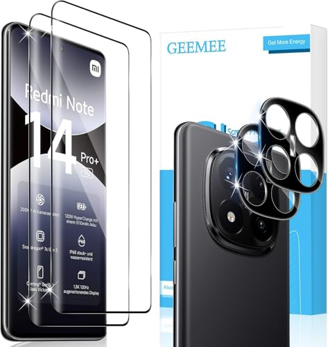 GEEMEE para Xiaomi Redmi Note 14 Pro Plus/Pro+ 5G Cristal Templado y Protector de Lente de Cámara (Negro, 9H Dureza 3D HD Protector de Pantalla Anti-Arañazos Vidrio Templado，2+2 Piezas