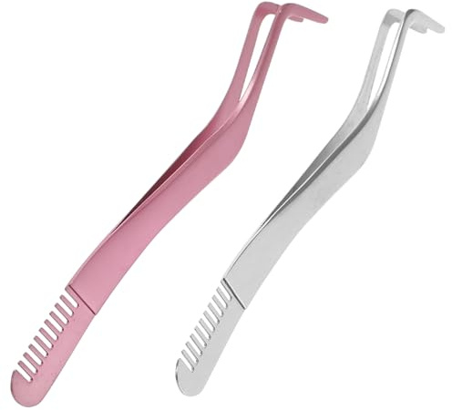 HONITANO 2 piezas Pinzas para Pestañas Pequeñas Acero Inoxidable con Peine Multifuncional Herramienta Profesional para Extensiones y Aplicación Femenina Rosa y Plata