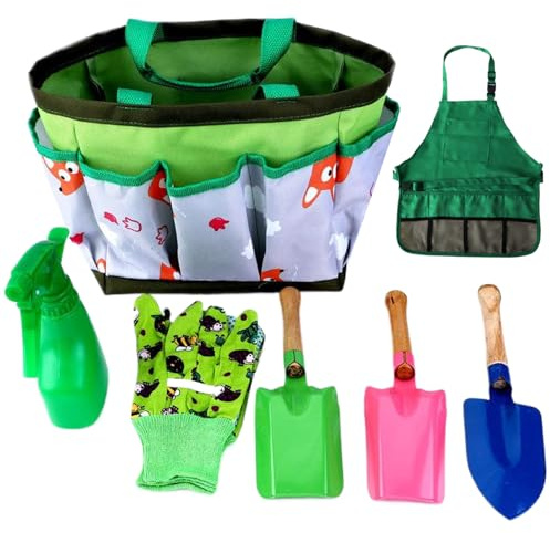 Jorzer Ensemble de Jardinage pour Enfants 7 pièces/Ensemble de Jardinage éducatif pour Tout-Petits Comprenant Un Tablier, Un pulvérisateur, des Gants, Chapeau, râteau, des pelles d