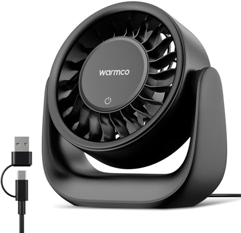 Warmco USB Tischventilator mit Touch, (Nur USB-Betrieb) Kleiner Ventilator, USB-A & USB-C Stecker, 3 Geschwindigkeiten, Starker Luftstrom, Leise für Büro & Zuhause | Nur USB-betrieben, keine Batterie, 120° Neigung, Touch-Steuerung, 3 Geschwindigkeiten, 6 m/s Luftstrom