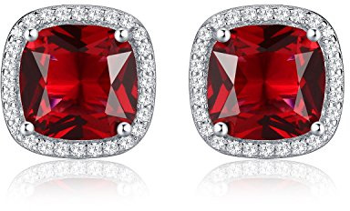 Diamond Treats 925 STERLING SILVER Earrings with Cushion White CZ, Sapphire, Emerald or Ruby Simulated Centre & FLAWLESS Sparkling Cubic Zirconia. The Silver Halo Earrings are a Lovely Gift for Her.