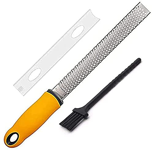Stainless Steel Cheese Grater& Lemon Zester,Cheese, Parmesan, Chocolate, Nutmeg, Garlic, Ginger-Durable Rubber Handle, Sharp Blade and Ergonomic Handle with Protective Cover, Cleaning Brush (Yellow)