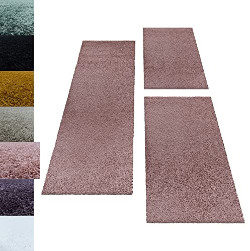Carpettex Bettumrandung Schlafzimmer 3teilig Shaggy Teppich Hochflor Einfarbig Rose Bettset:2 mal 60x110 + 1 mal 80x250 - Bettvorleger Schlafzimmer Läufer Set Weich Flauschiger Bettumrandung Teppich