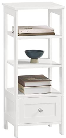 SoBuy Badezimmerschrank Freestanding Badezimmer Schrank mit 3 Regalen und Schublade, 30x28x74 cm, Schmaler Badschrank Weiß, MDF, FBT91-W