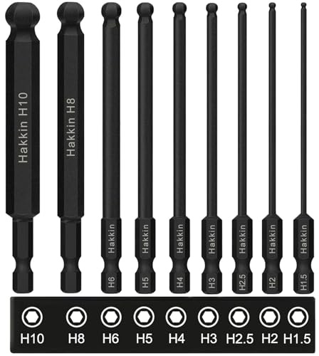 Hakkin 9 Stück 1/4 Kugelkopf Sechskant Schraubendreher Bit 100 mm Sechskant Magnetischen Innensechskant Schraubendreher Satz Ball End Hex Schraubendreher S2 Legierter Stahl 1,5/2/2,5/3/4/5/6/8/10 mm