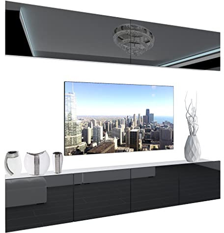BELINI - Unité Murale TV NEX I Ensemble Muebles de Salon Complet I Ensemble Meuble TV avec Illumination LED I Dimensions: 200 x 180 x 36 cm I Coleur: Noir très Brillant