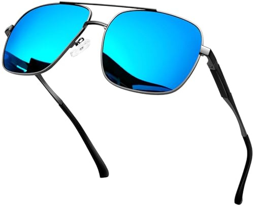 KANASTAL Lunettes de Soleil Homme Femme Polarisées Classique Lunette de Soleil Bleu Miroir Rectangulaire UV400 en Alliage Al-Mg Premium Rétro