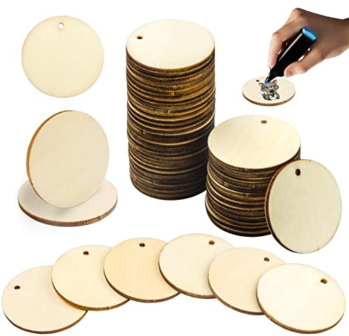 WZYTEU 100 pezzi di dischi di legno con foro, piastre di legno rotonde da 3 mm di spessore per pittura, matrimonio, decorazioni natalizie, fai da te, etichettatura (4 cm)